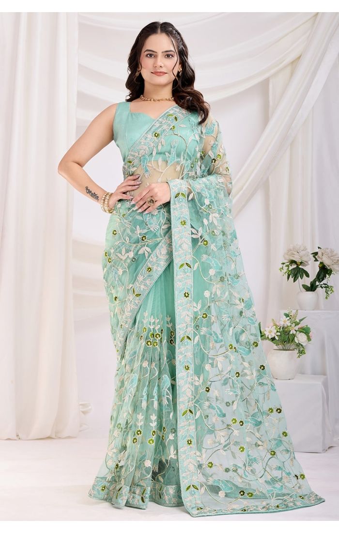 Sea Green Soft Net Embroidered Saree with Silk Blouse – Wedding & Party Wear