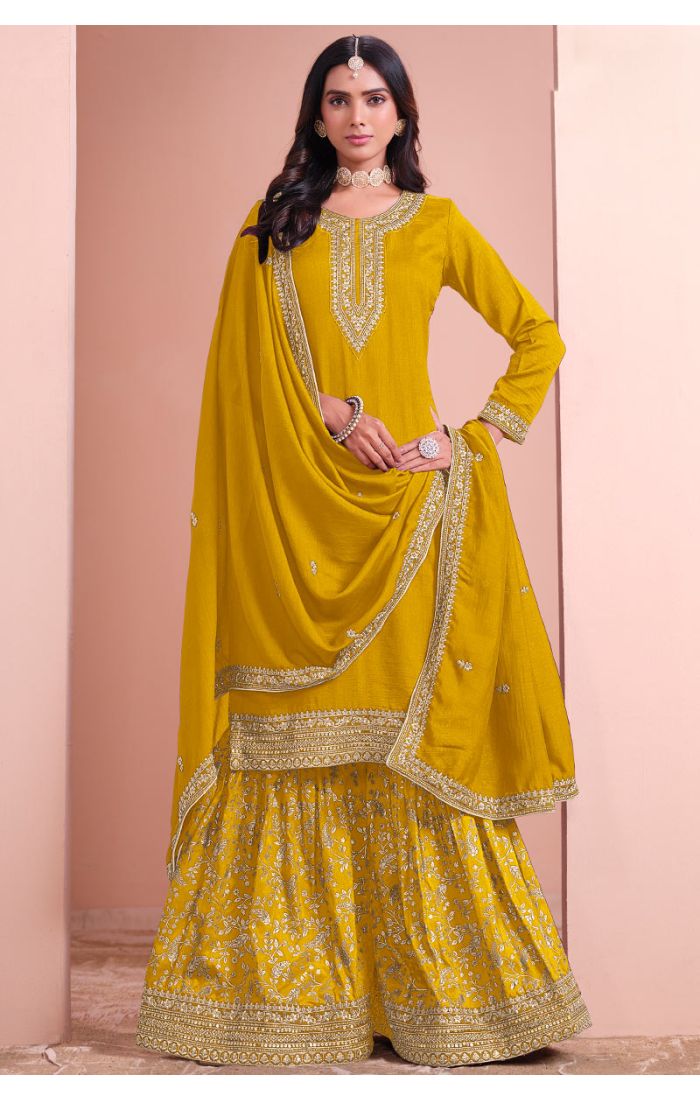 Silk Mustard Anarkali Sharara Suit with Silver Zari Embroidery – Wedding & Festive Outfit for UK, USA, Europe, Norway, Germany, Poland, Denmark, Switzerland