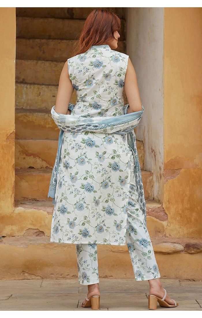  Sky Bloom Floral Kurta Set with pastel blue floral prints and mulmul dupatta. Perfect ethnic wear for weddings and festive occasions in UK, USA, Canada, and Europe.