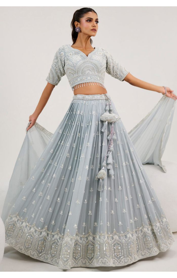 Get Sky Blue Embroidered Bridal Lehenga with Sequins and Tassels In UK Online - LEHV3886