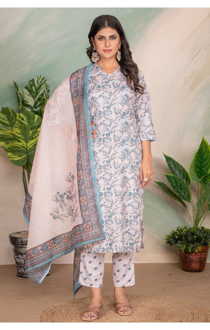 Soft Breeze Blue Floral Cotton Kurta Set with Dupatta – Elegant Summer Festive Wear