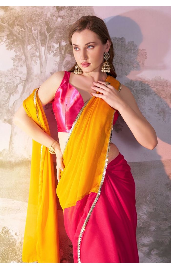 Elegant Yellow Chiffon Saree with Pink Satin Blouse – Wedding & Festive Designer Wear