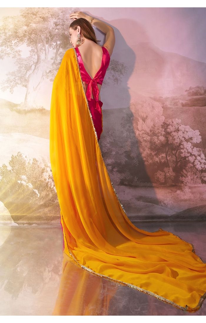 Elegant Yellow Chiffon Saree with Pink Satin Blouse – Wedding & Festive Designer Wear