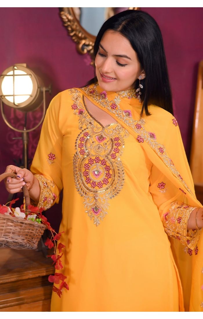 Elegant Sunshine Yellow Chiffon Kurta Pant Suit with Embroidery & Dupatta – Perfect for weddings & festive occasions.