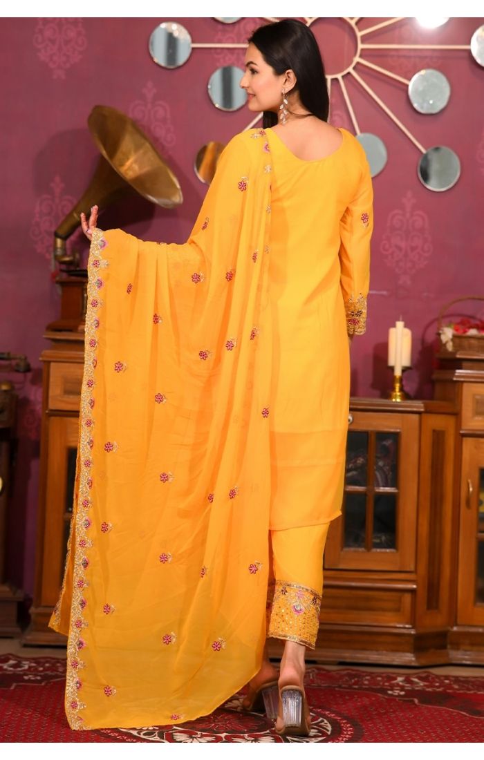 Elegant Sunshine Yellow Chiffon Kurta Pant Suit with Embroidery & Dupatta – Perfect for weddings & festive occasions.