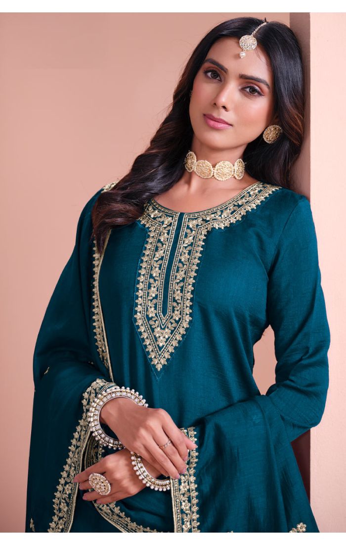 Teal Blue Cotton Silk Embroidered Sharara Suit with Dupatta – Perfect for Weddings & Festive Wear