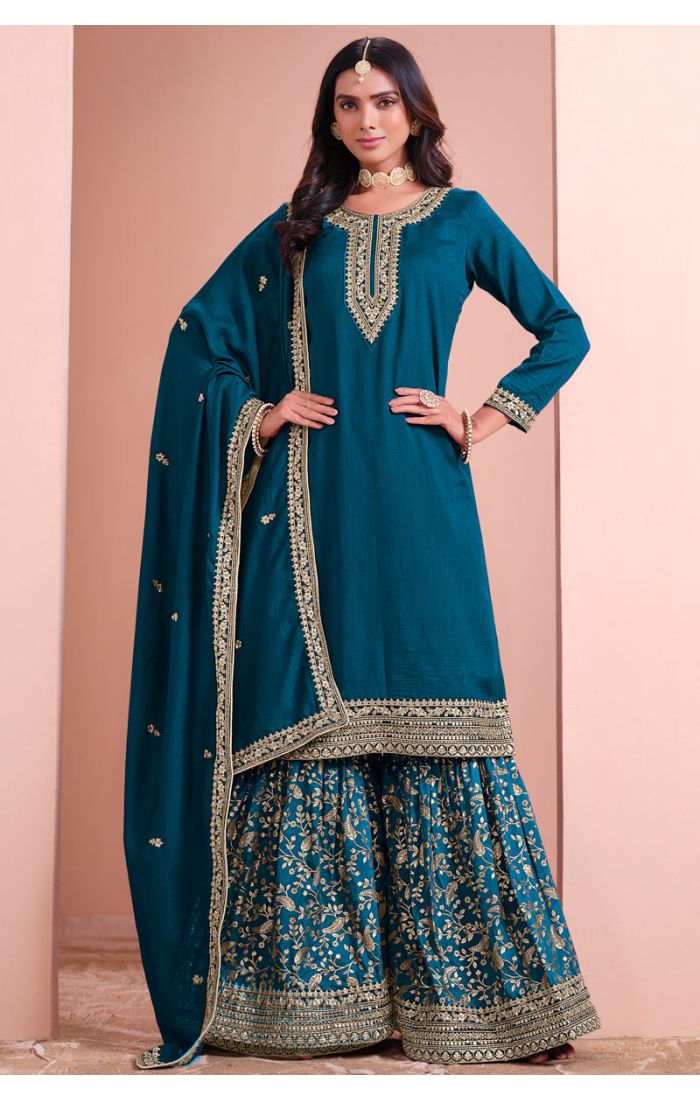 Teal Blue Cotton Silk Embroidered Sharara Suit with Dupatta – Perfect for Weddings & Festive Wear