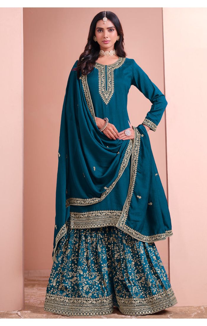 Teal Blue Cotton Silk Embroidered Sharara Suit with Dupatta – Perfect for Weddings & Festive Wear