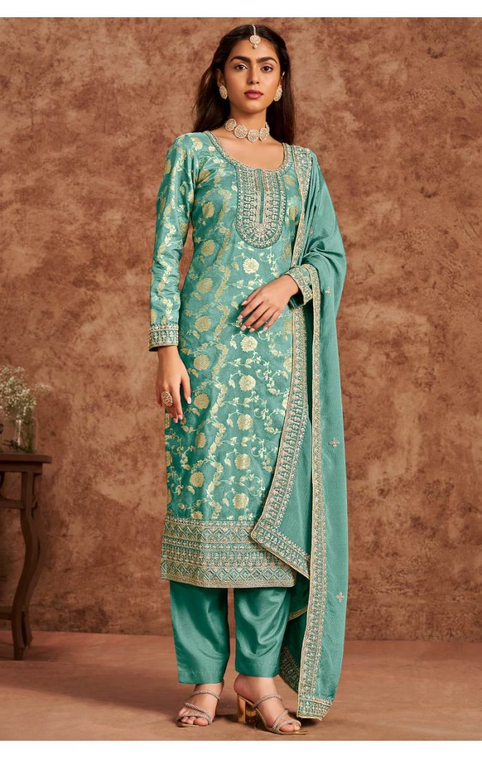 Teal green premium silk salwar suit with embroidery, full view