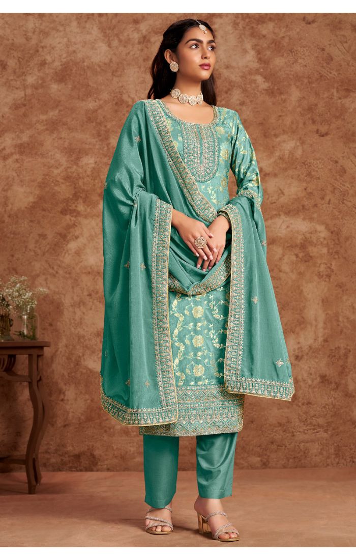 Teal green premium silk salwar suit with embroidery, full view