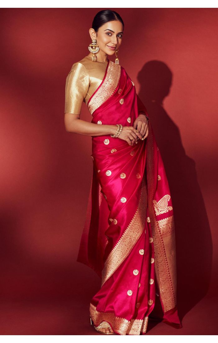 Traditional Red Banarasi Silk Saree with Golden Zari Work - Perfect for Karva Chauth and Festive Celebrations (SREA2281)