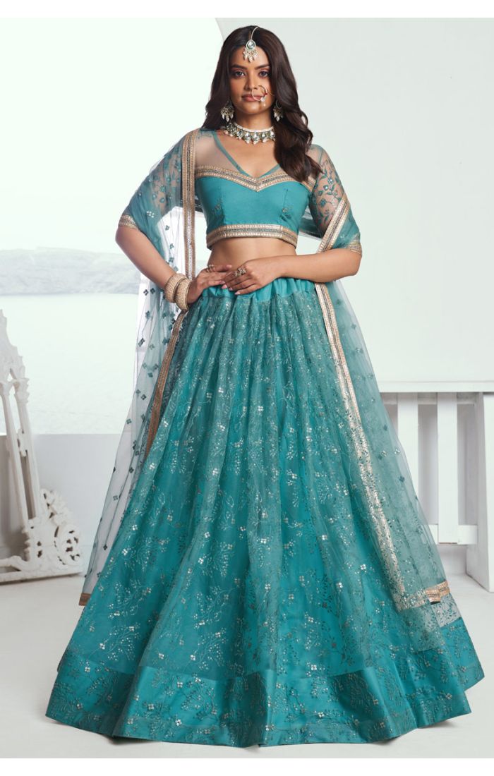 Get Turquoise Blue Net Lehenga with Sequin Embroidery for Weddings and Festive Wear Online in UK and USA - LEHV3899