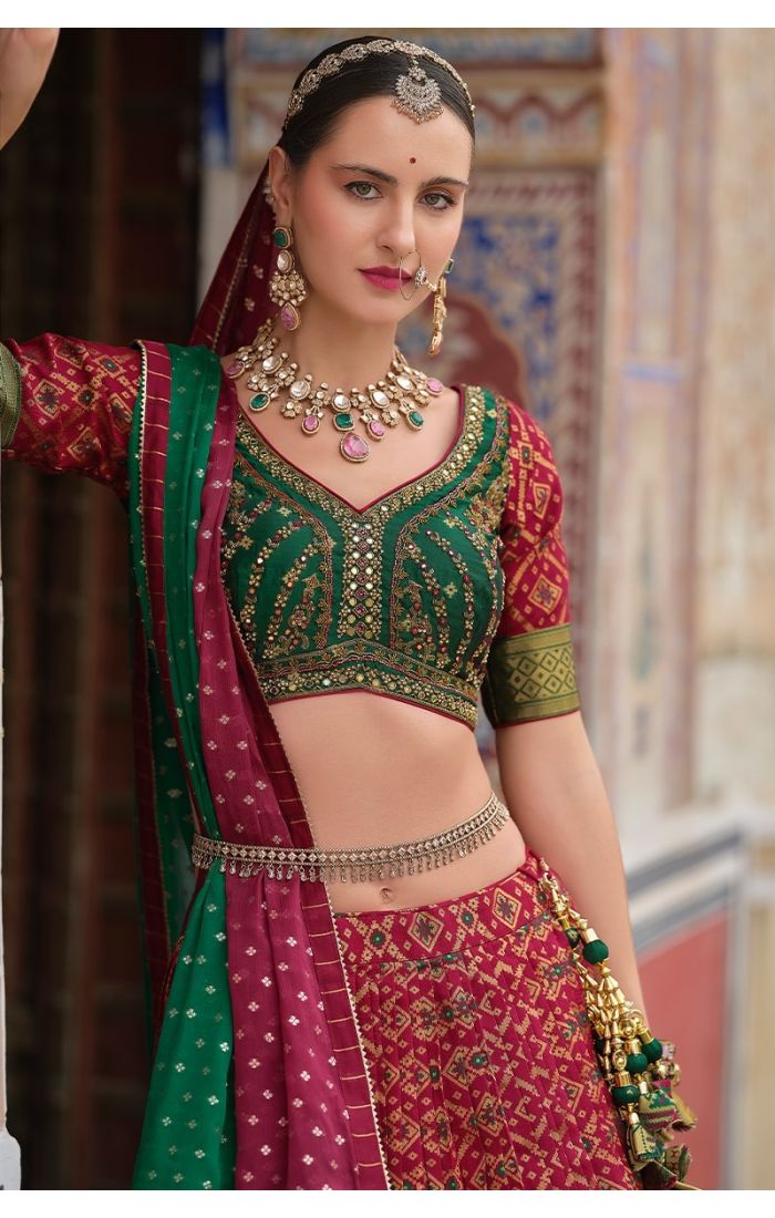 Dark Pink Banarasi Silk Lehenga Choli with Zari Embroidery & Green Dupatta for Bridal & Festive Wear