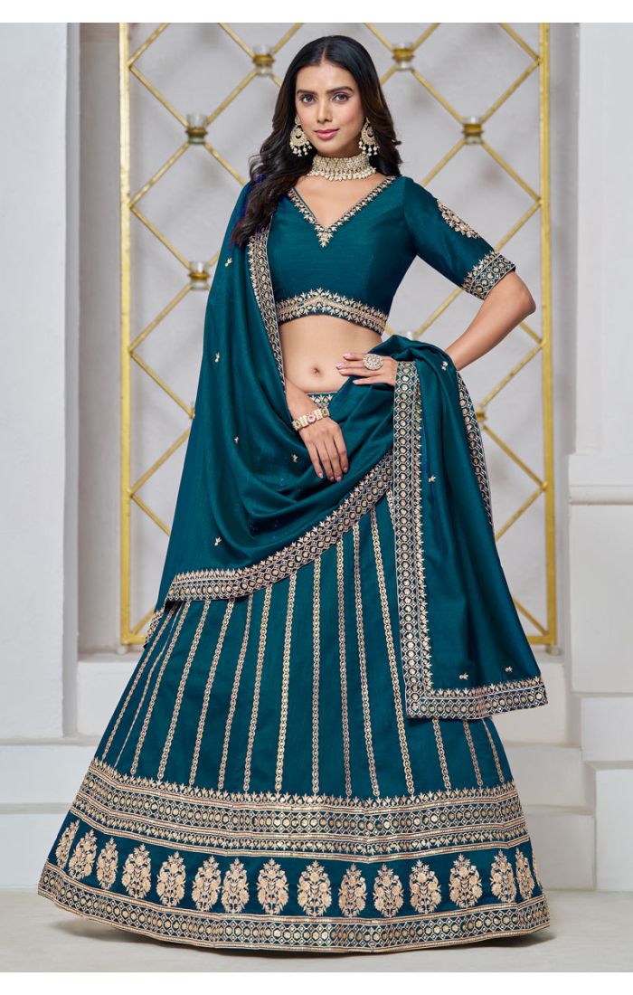 Teal Green Zari Embroidered Lehenga Choli with Net Dupatta - Perfect for Weddings and Festive Events