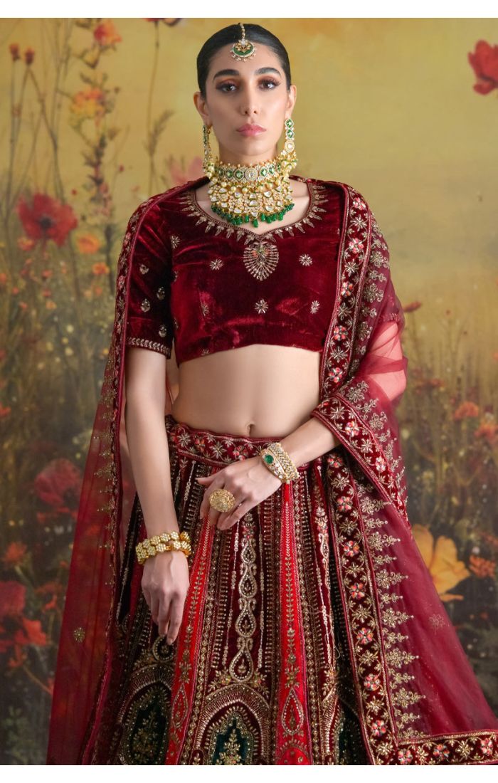 Maroon Velvet Bridal Lehenga Choli with Zari Embroidery & Net Dupatta – Indian Wedding Outfit