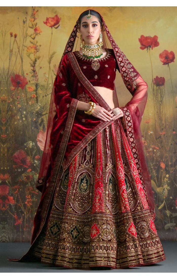 Maroon Velvet Bridal Lehenga Choli with Zari Embroidery & Net Dupatta – Indian Wedding Outfit