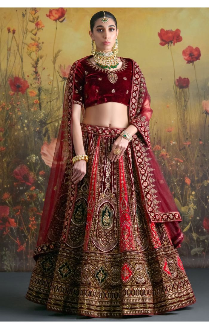 Maroon Velvet Bridal Lehenga Choli with Zari Embroidery & Net Dupatta – Indian Wedding Outfit