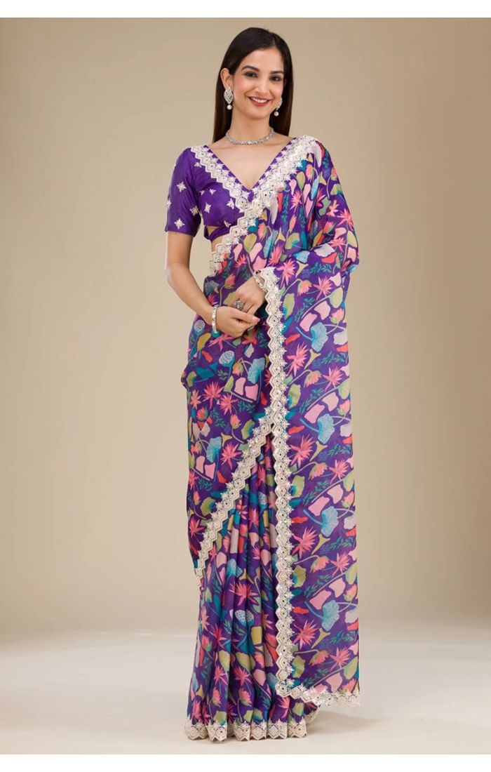 Floral Print Violet Georgette Saree with Lace Border for Festive Occasions