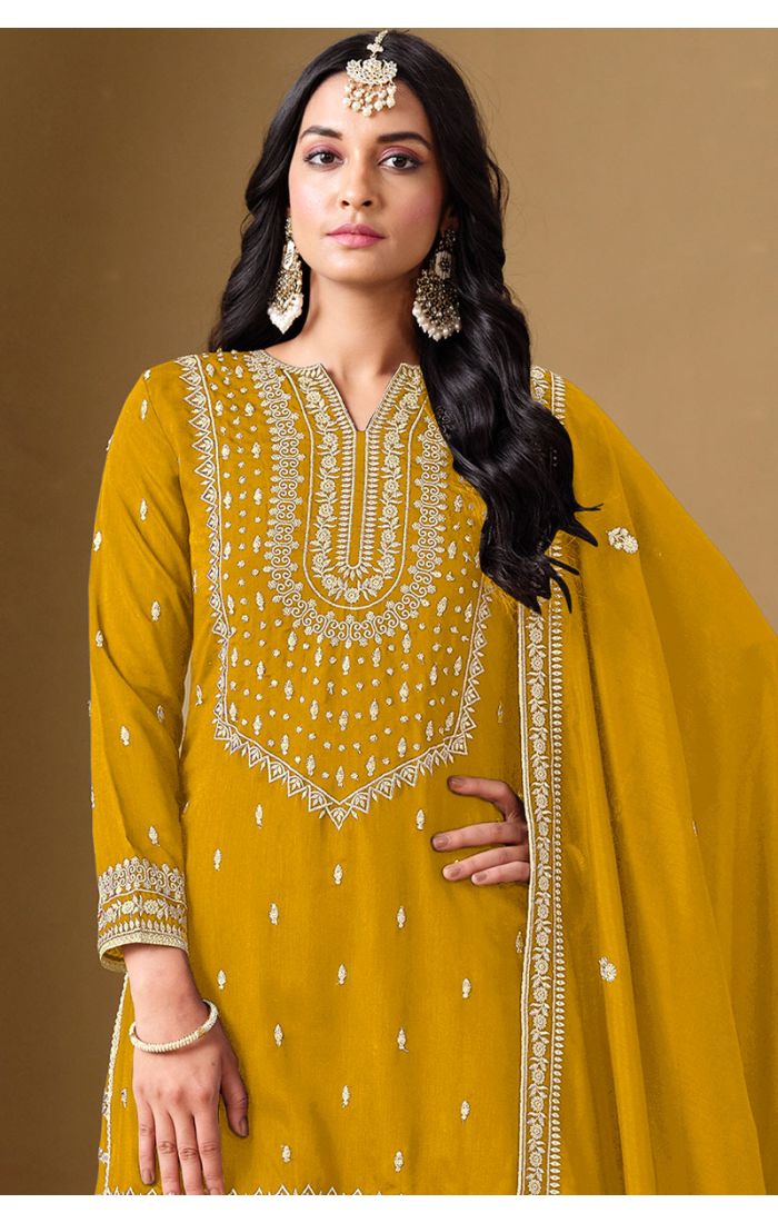 Close-Up of Embroidered Kurta in Yellow Art Silk