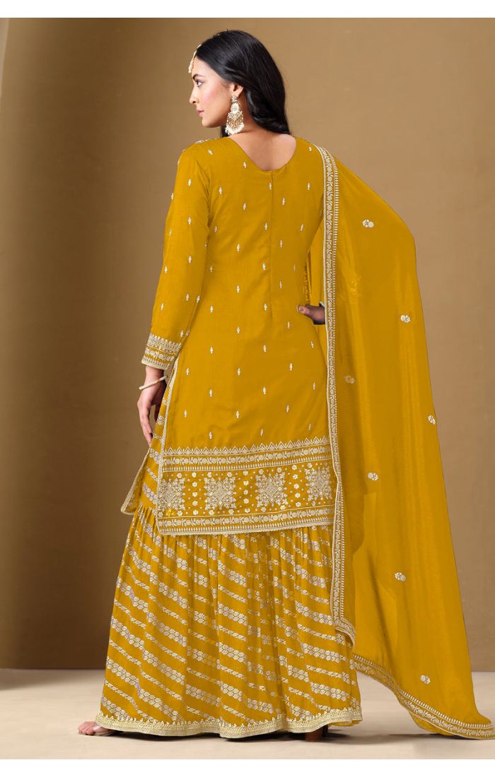 Yellow Art Silk Sharara Set with Zari Work – Back Full View