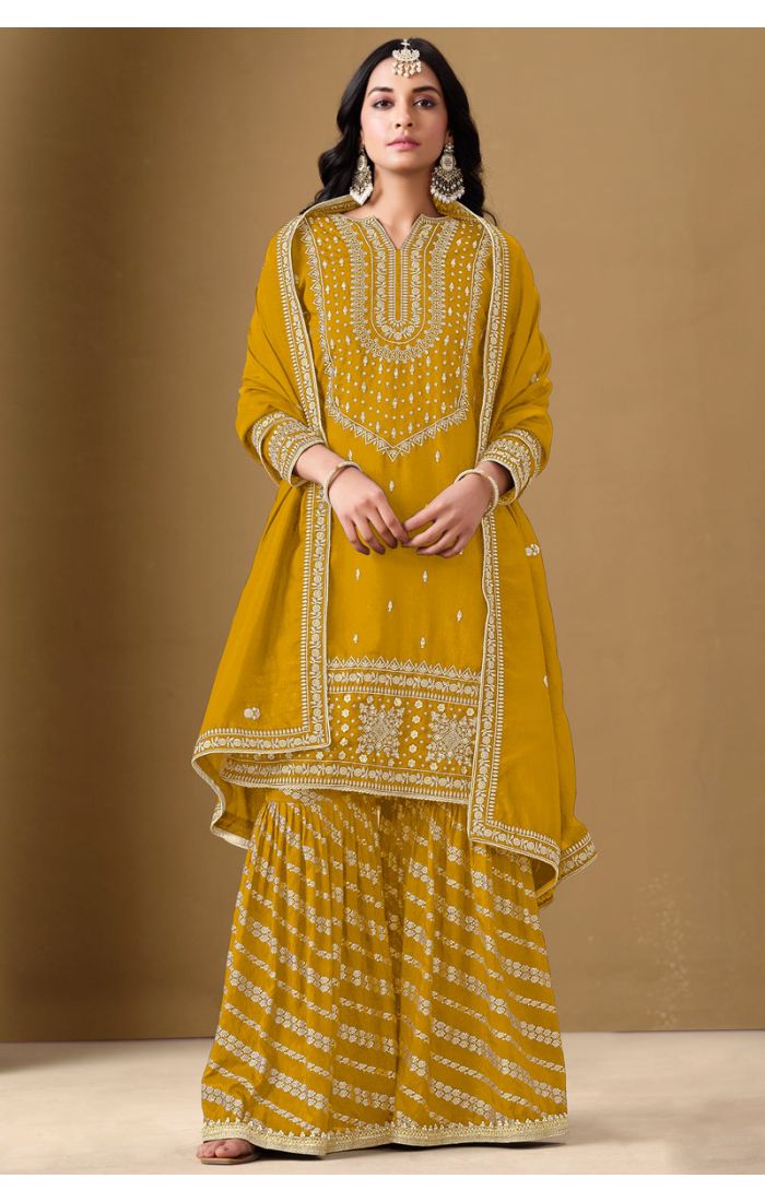Yellow Art Silk Sharara Set with Zari Work – Front Full View