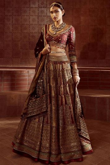 Prepossessing Brown Zari, Thread, and Golden Sequins Embroidered Art Silk  Lehenga Choli for Wedding - MEGHALYA - 3449916