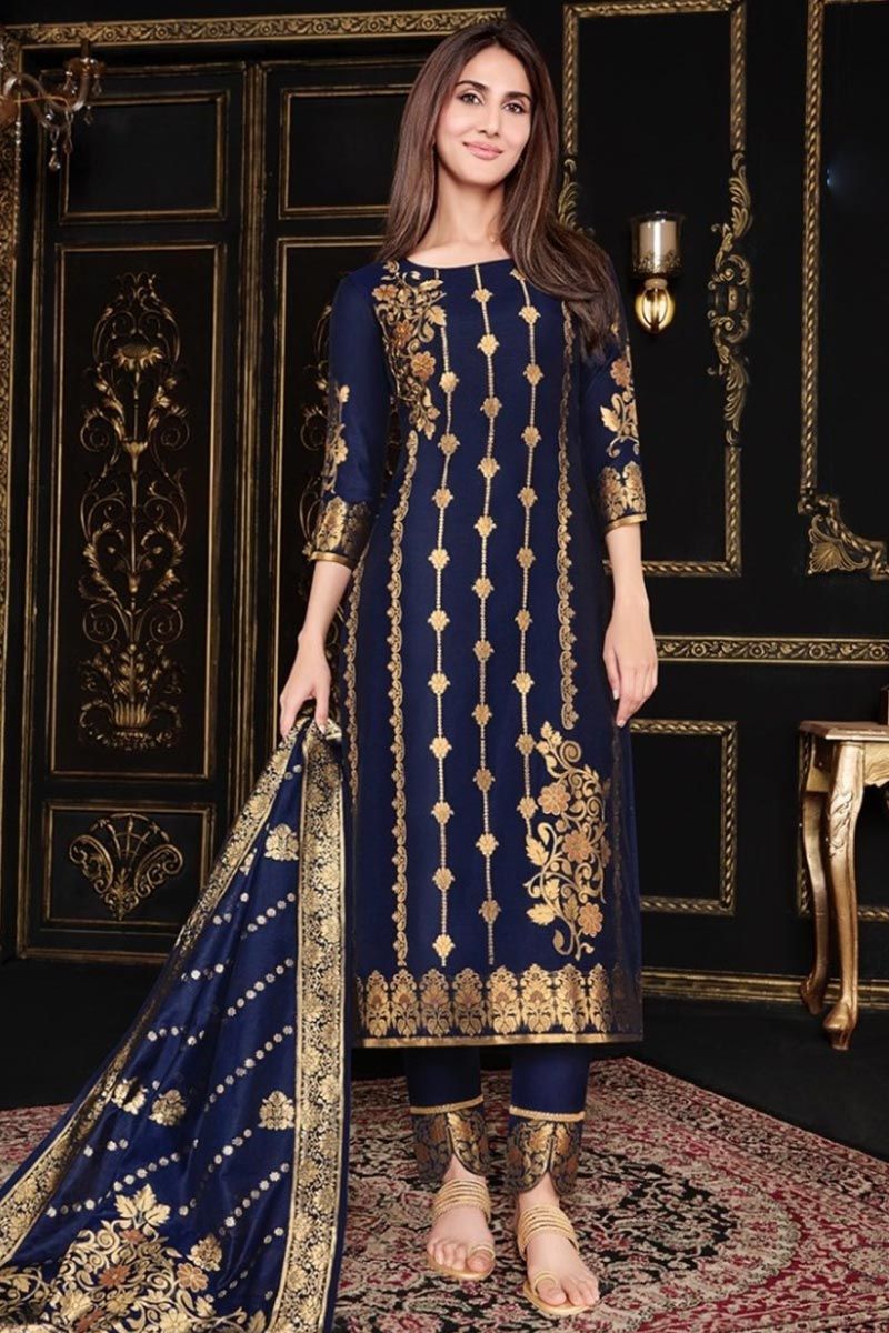 Navy Blue Designer Embroidered Peplum Style Sharara Suit | Saira's Boutique