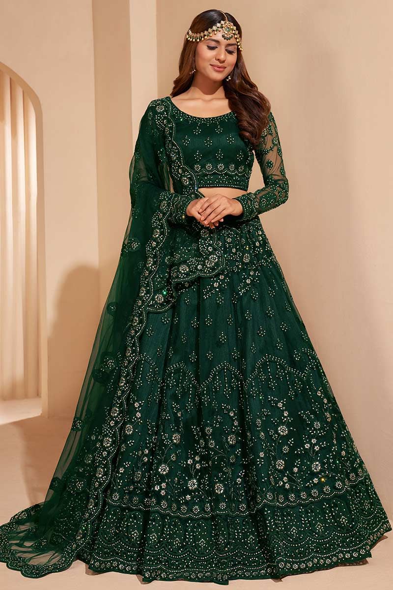 Buy Green Thread Embroidery Velvet Bridal Wear Lehenga Choli From Ethnic  Plus