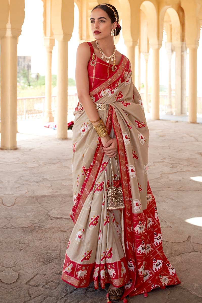 Cream And Red Colour Patola Silk Saree With Weaving Work – Bahuji - Online  Fashion & Lifestyle Store