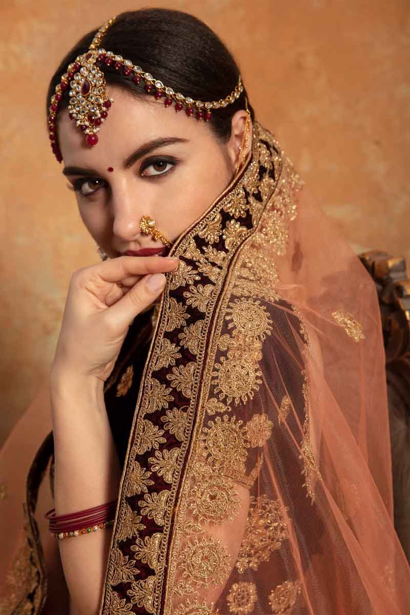 Dark Maroon Velvet Thread, Embroidery & Hand-Work Wedding-Wear Bridal  Lehenga Choli
