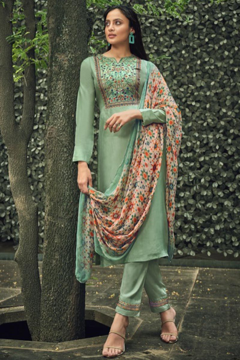 Mehndi Color Beautiful Embroidery Work Sharara Suit – vastracloth