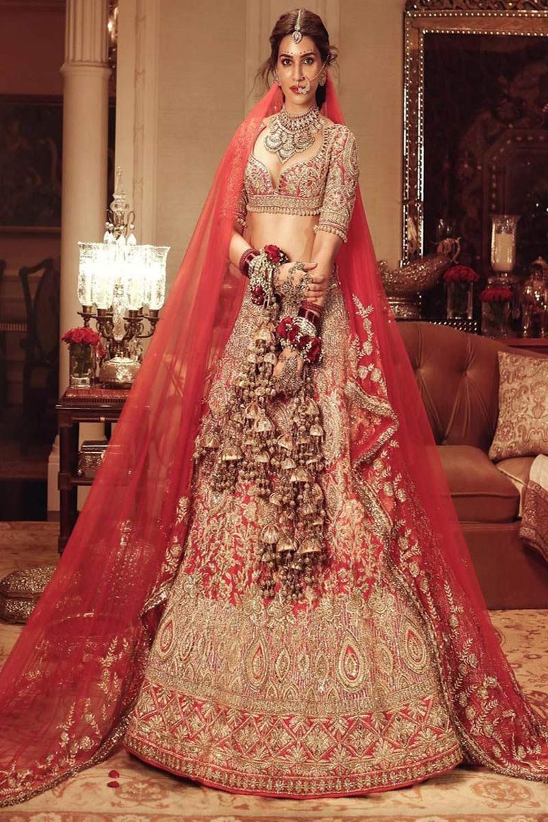 Pakistani Red Wedding Long Trail Bridal Gown with Golden Embroidery Bespoke  | eBay