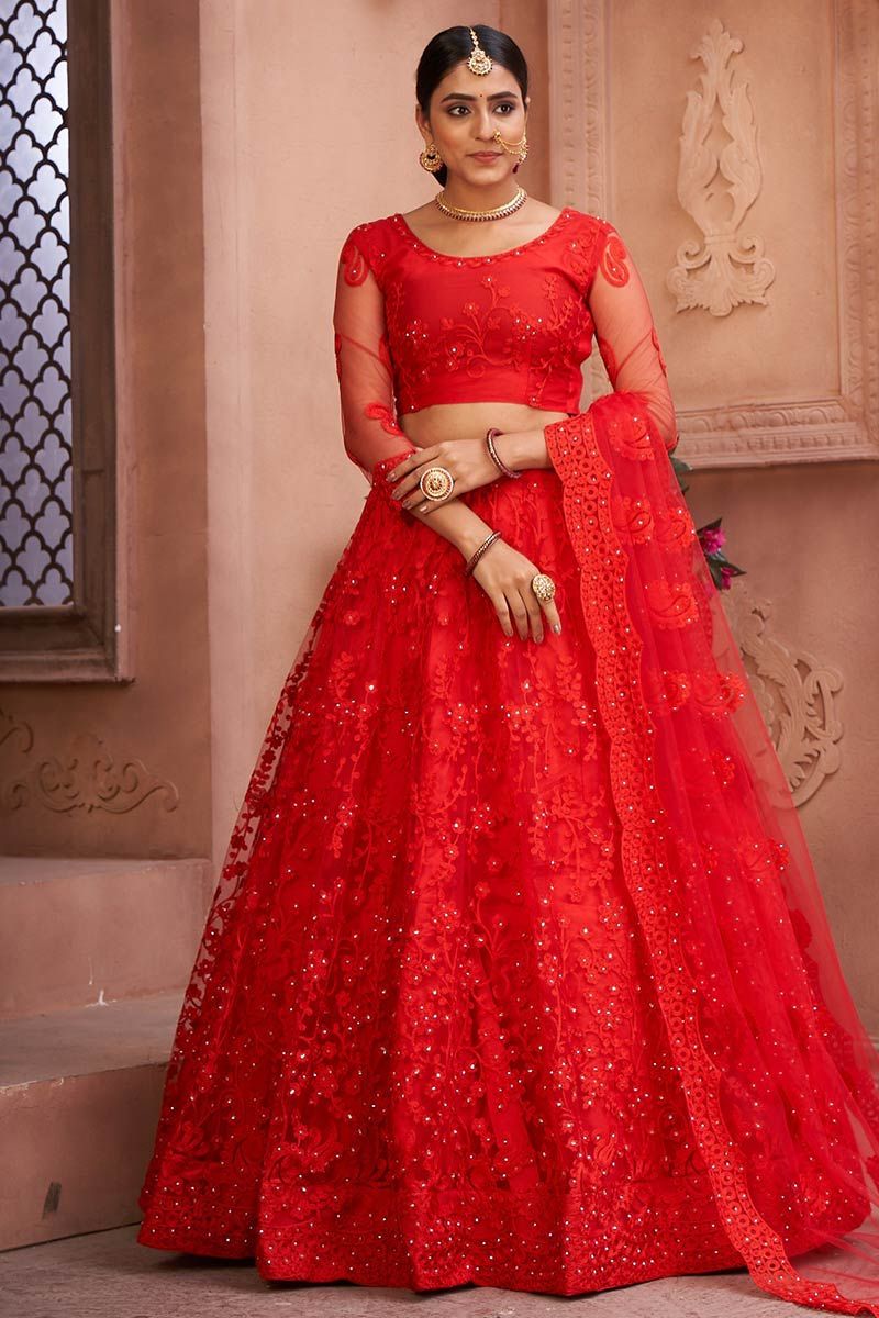 Buy Party Wear Heavy Net Fabric Lehenga Choli in Red Color Online